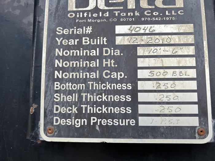 Used 2010 Delta Tank 500 BBL Frac / Water Tanks