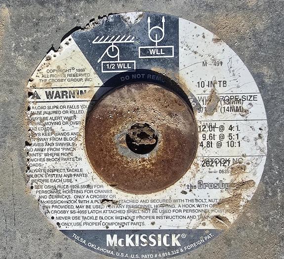 Used Mckissick Crosby SB-20 120023 20T, 10" OD, 1-1/8" Cable Snatch Blocks