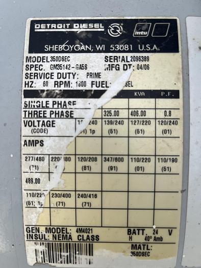 Used 2006 Detroit 325Kw Detroit S60 Generator