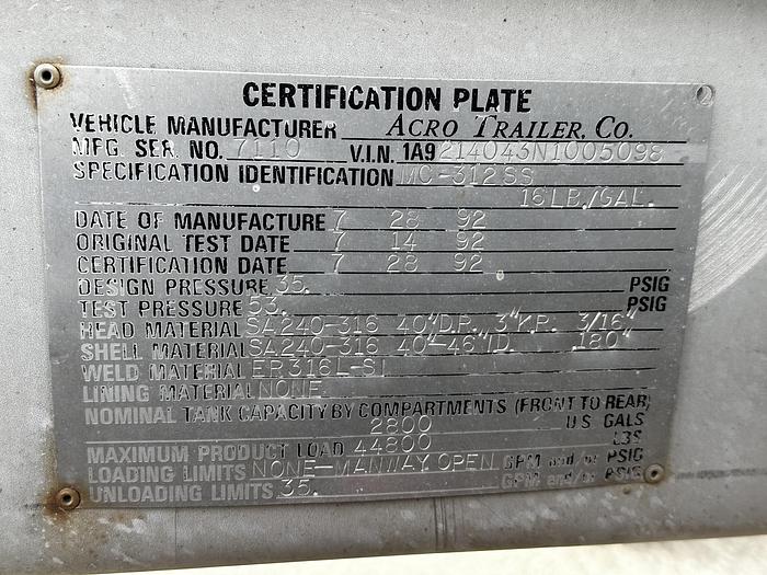 Used Acro Trailer Co Acid Tanker