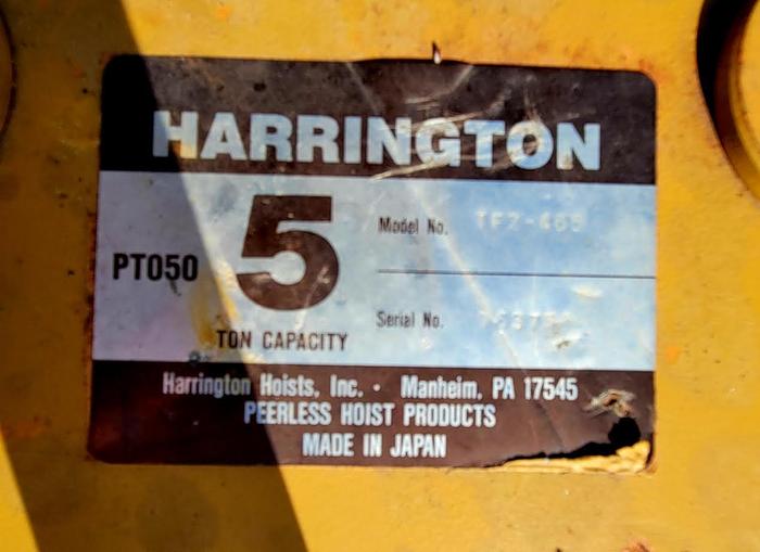 Used Harrington 5-Ton PT050 Push Trolley/Chain Hoist 