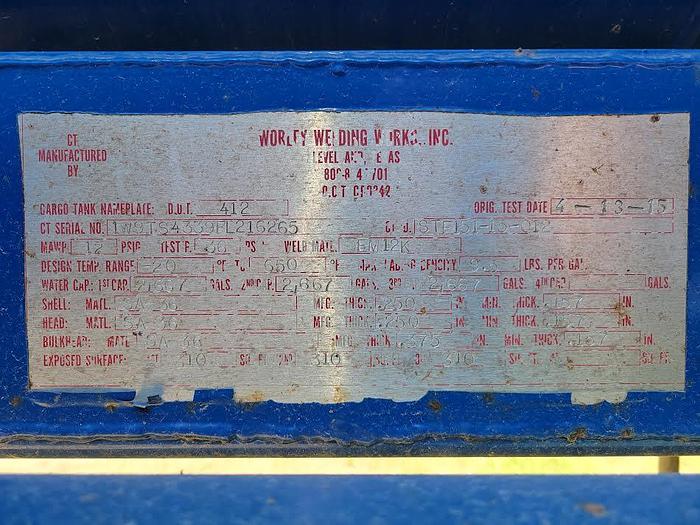 Used 2015 Worley Welding Works Chemical Transport Trailer
