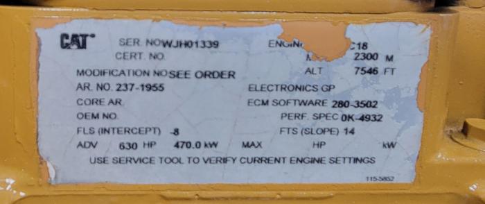 Used Cat C18 Engine w/Oil Works Torque Converter Skidded