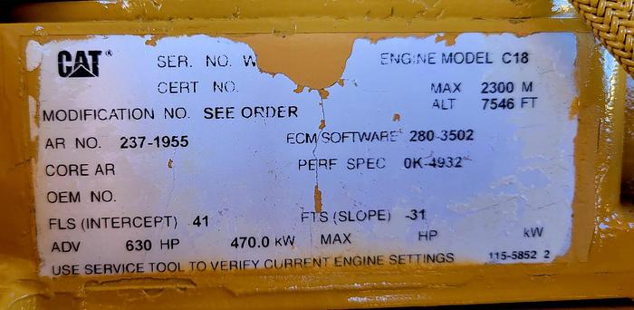 Used Cat C18 Engine w/Oil Works Torque Converter Skidded