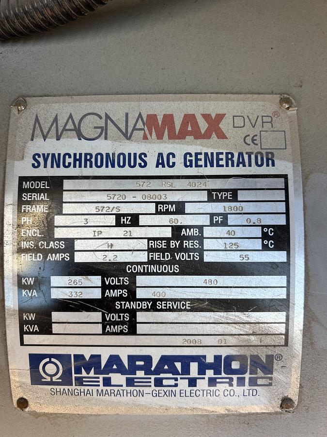 Used 2010 MAN NATURAL GAS GENERATOR 480 V MAGNAMAX 265 KW