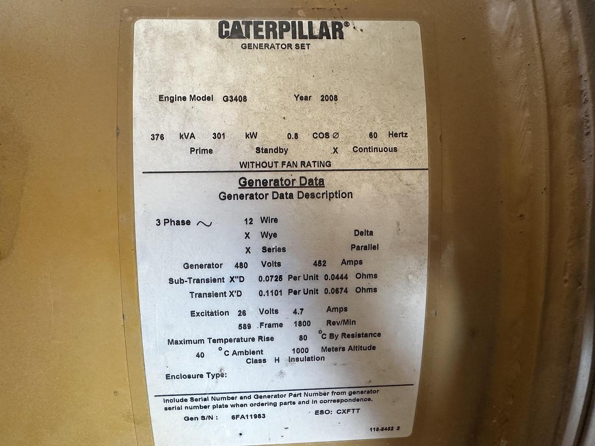 Used 2008 Cat G3408 Natural Gas 376 KVA Generator