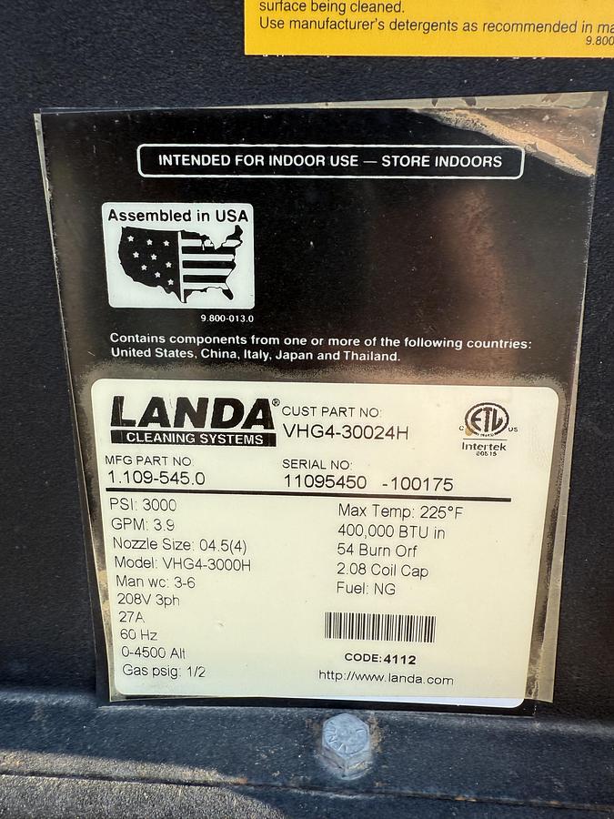 Used Landa VHG4-30024H 3PH/Natural Gas 4GPM @ 3000PSI Hot Water Pressure Washer