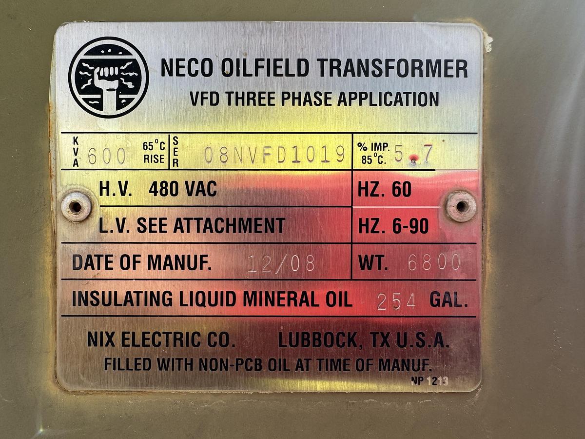 Used 2008 NECO 600 KVA oil field transformer