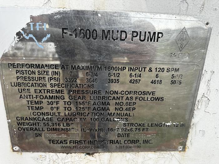 Used TFI/ Continental Emsco F-1600 Mud Pump
