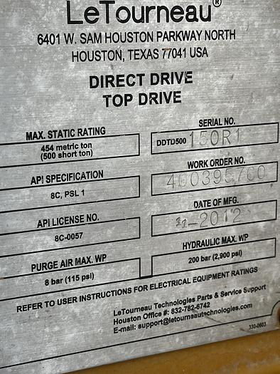 Used 2012 LeTourneau 500 Ton AC Top Drive