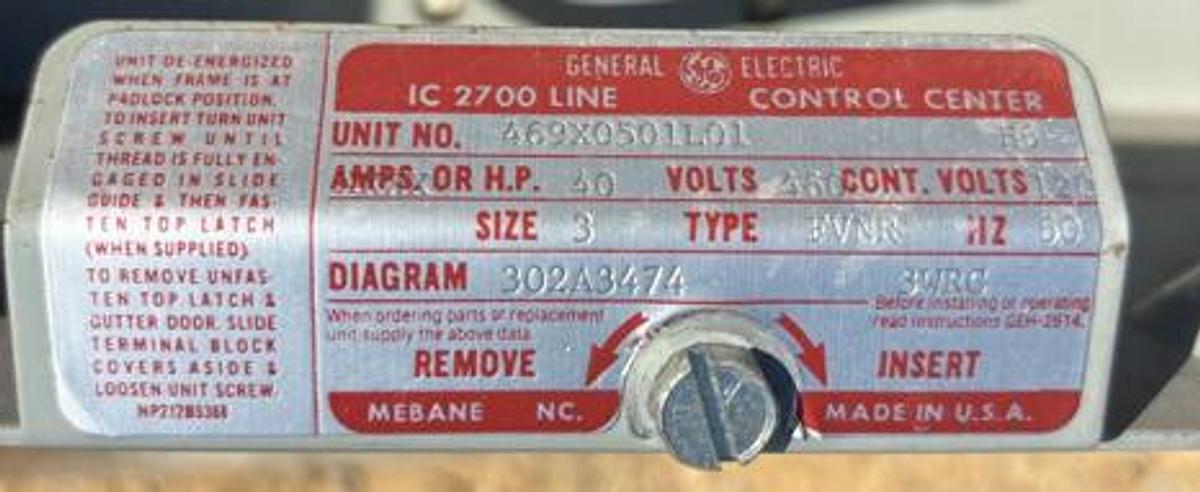 Used GE Control Panel 40 AMP, 460 Volt, Size 3, Type: FVNR