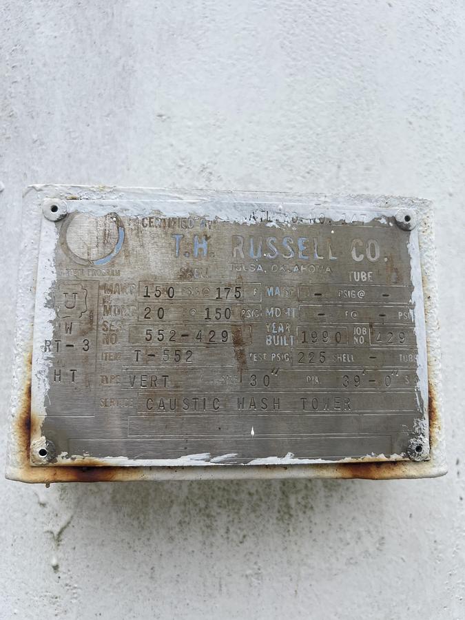 Used 1990 T. H Russell CO. Caustic Wash Tower