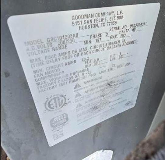 Used Goodman GSC Series Split System Air Conditioner