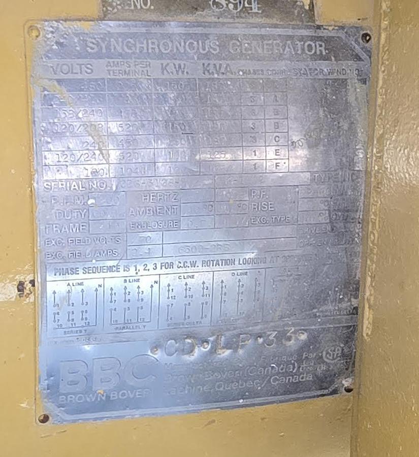 Used Brown Boveri Canada 150 Kw Generator