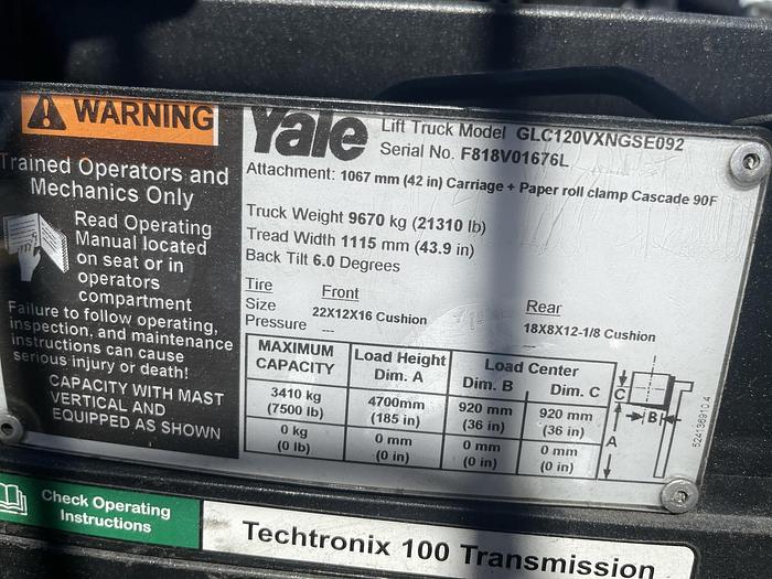 Used 12,000 POUND YALE ROLL CLAMP TRUCK W/ 72" CASCADE CLAMP