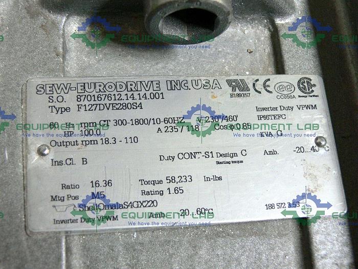 Used SEW Eurodrive Type F127DVE280S4 Industrial Gear w/ 100 HP Motor 58,000  lbs-In