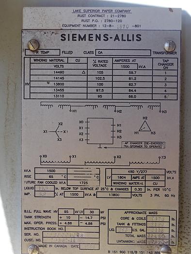 Used 1,500 KVA 13,000V SIEMENS-ALLIS SUBSTATION 480Y/277 VOLTS CU WINDING