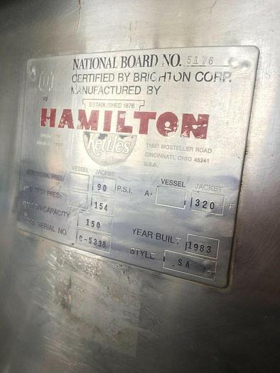 Used 1983 HAMILTON SA 150 GAL DUAL AGITATION & SCRAPE SURFACE STATIONARY "DIRECT" STEAM KETTLE,  @ AMERICA'S STEAM KETTLE HEADQUARTERS ! SA