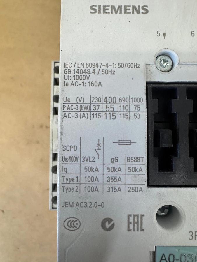 Used Siemens 3RT1054-3 Contactor Motor Control, w/ (x2) Siemens 3RH1921-2DA11