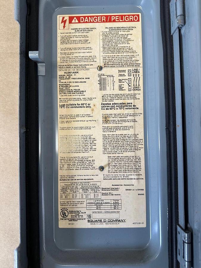 Used Square D HU361AWK Heavy Duty Safety Switch, 30A, 600VAC