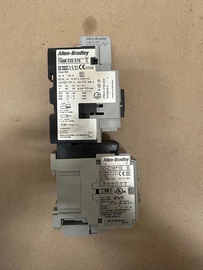 Used Allen Bradley 140M-C2E-C16 Ser C Circuit Breaker w/ 100-C16*10 Contactor