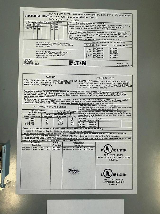 Used Eaton DEM364FDJB-00VT Heavy Duty Safety Switch, 3-Pole, 200A, 600V Fusible *NEW*