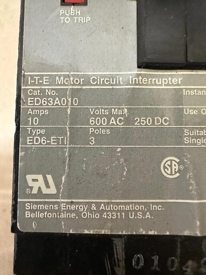Used Siemens ED63A010 Molded Case Circuit Breaker 10A