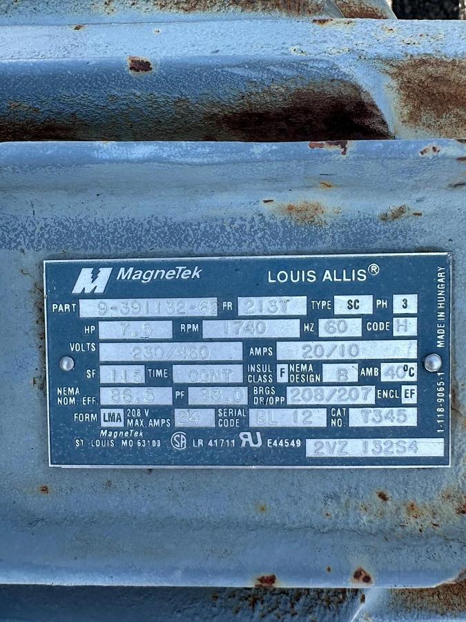 Used MagneTek 9-391132-62 7.5Hp Motor @ 1740RPM, 230/460V, 3 Phase, 60Hz