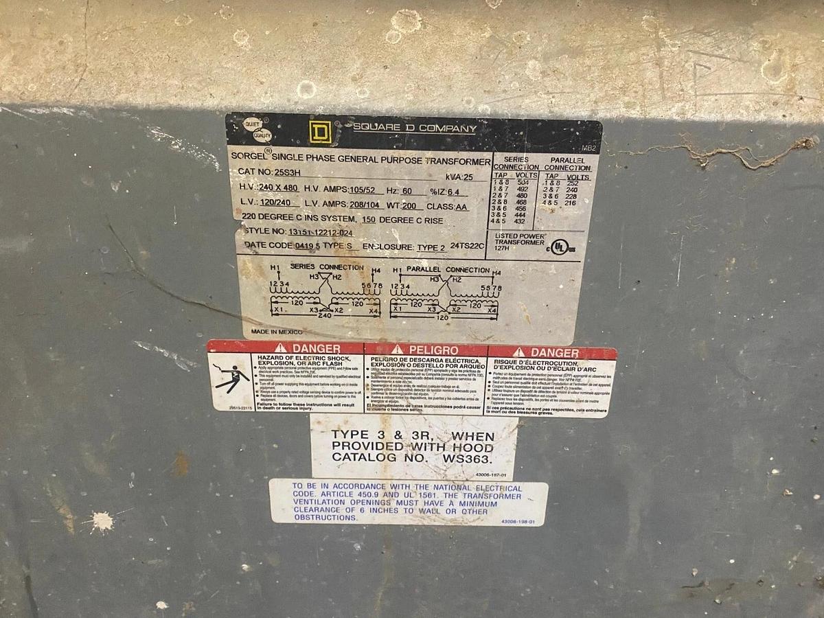 Used Square D 25S3H Single Phase General Purpose Transformer - 25 kVA
