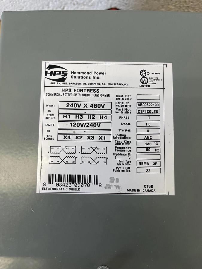 Used Hammond Power Solutions C1F1COLES Commercial Potted Distribution Transformer