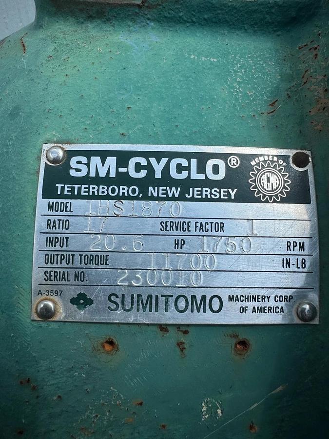 Used Sumitomo 1HS1870 SM Cyclo Reducer Ratio 17:1, Input: 20.6, 2” and 1-3/4" Shaft