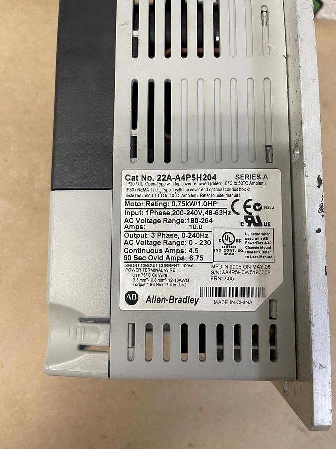 Used Allen-Bradley 22A-A4P5H204 AC Drive, PowerFlex 4, Series A