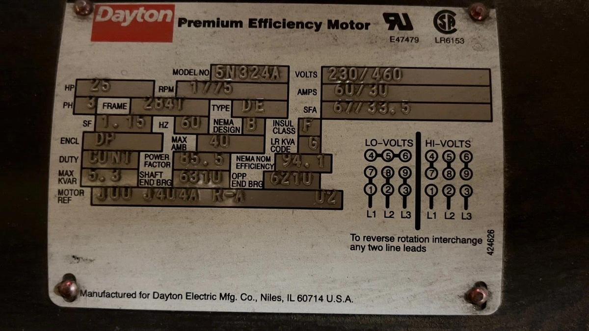 Used Dayton Premium Efficiency AC Motor 5N324, 25HP 1775RPM 230/460V 60Hz 3Ph
