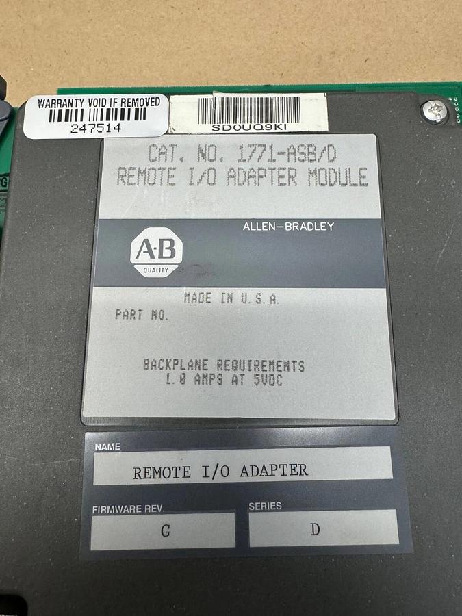 Used Allen Bradley 1771-ASB Series D, Remote I/O Adapter Module, 1.0 A @ VDC