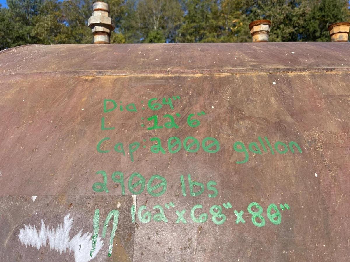 Used 2000 Gallon Capacity Horizontal Liquid Storage Tank, Dia: 64”, L:12’6”