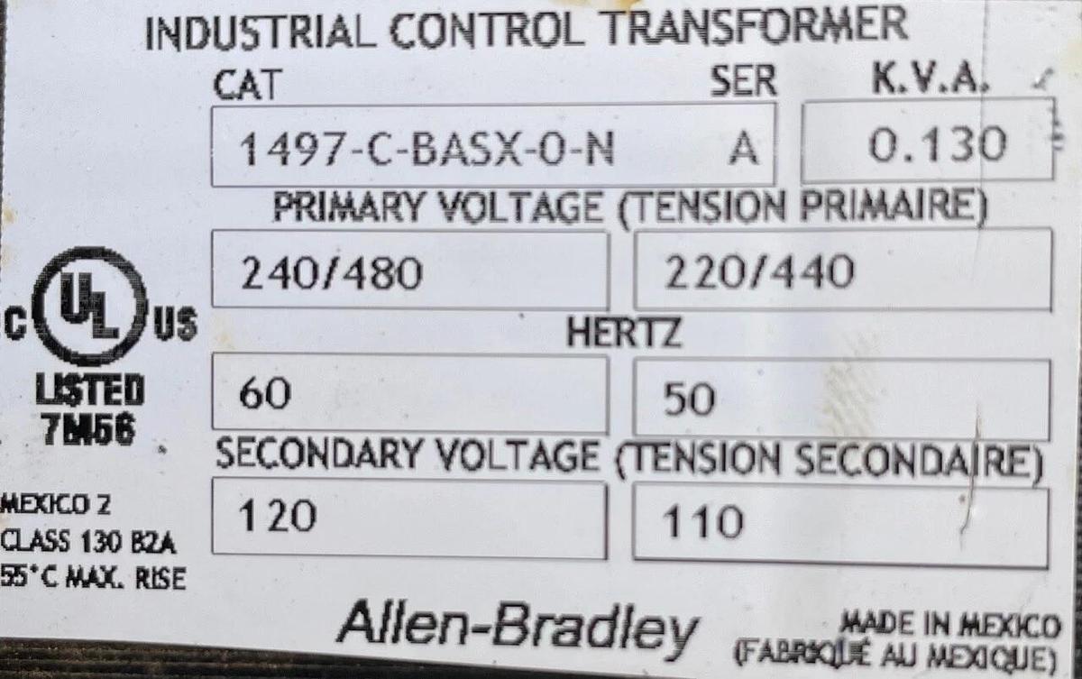 Used Allen Bradley 1497-C-BASX-0-N Industrial Control Transformer 0.13 KVA 240/480 V