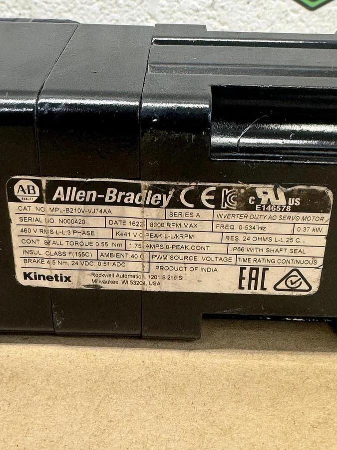 Refurbished Allen Bradley MPL-B210V-VJ74AA Rotary Servo Motor, Ser A, 8000RPM, 460V