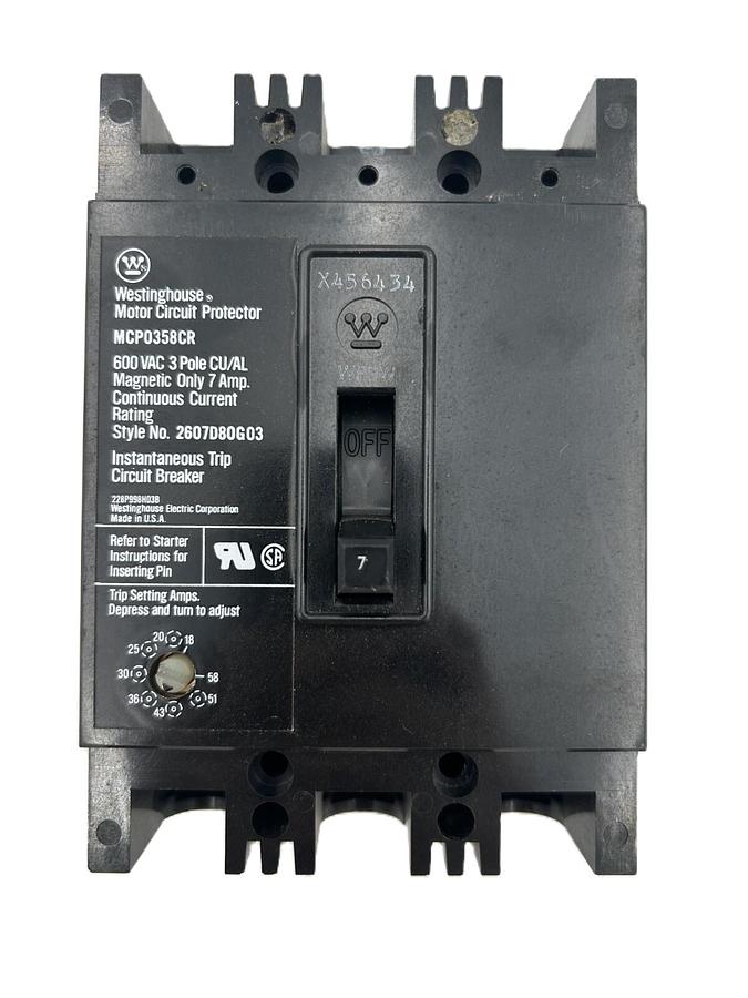 Used Westinghouse Motor Circuit Protector MCP0358, 7A, 3 Pole, 600 VAC
