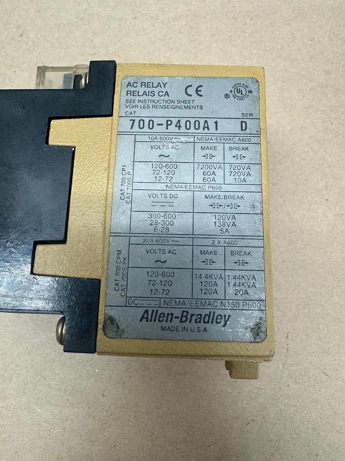 Used Allen Bradley 700-P400A1 Coil Relay/ AC Relay Series D