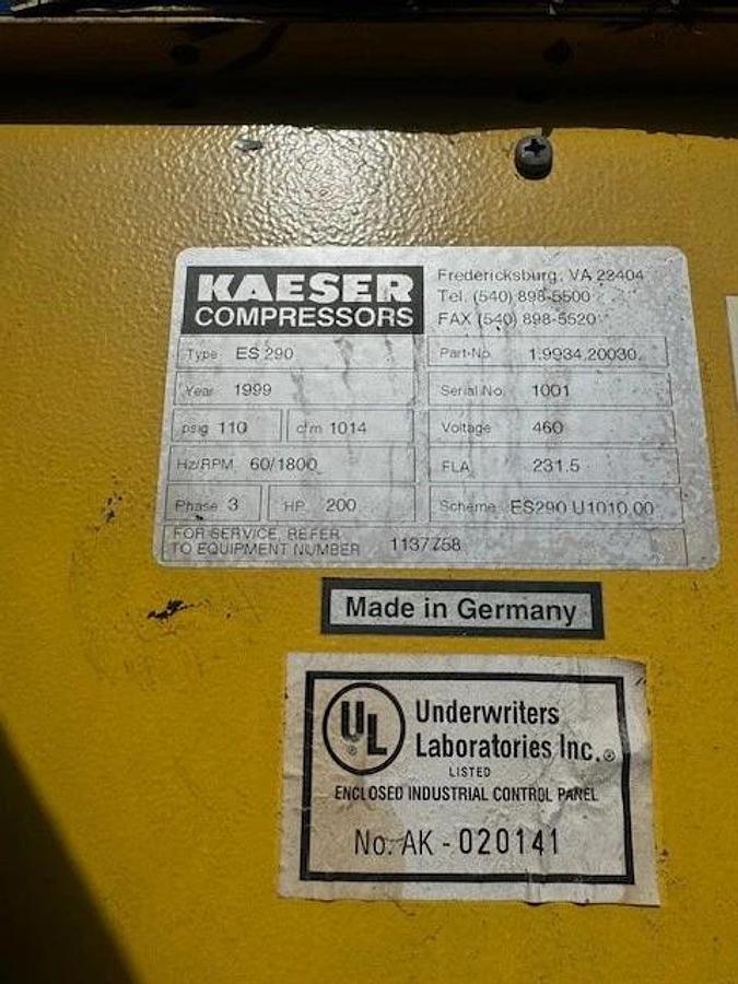 Used Kaeser ES 290 Screw Compressor, 110 Psig, 1014 CFM, 1800RPM, 200Hp, 3 Ph 460V
