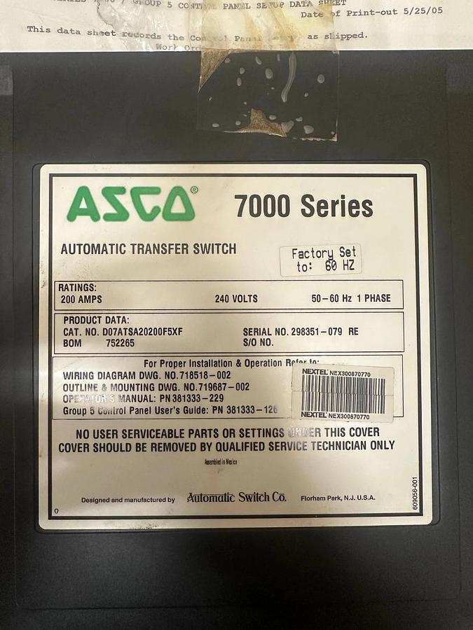 Used ASCO D07ATSA20200F5XF Automatic Transfer Switch 7000 Series