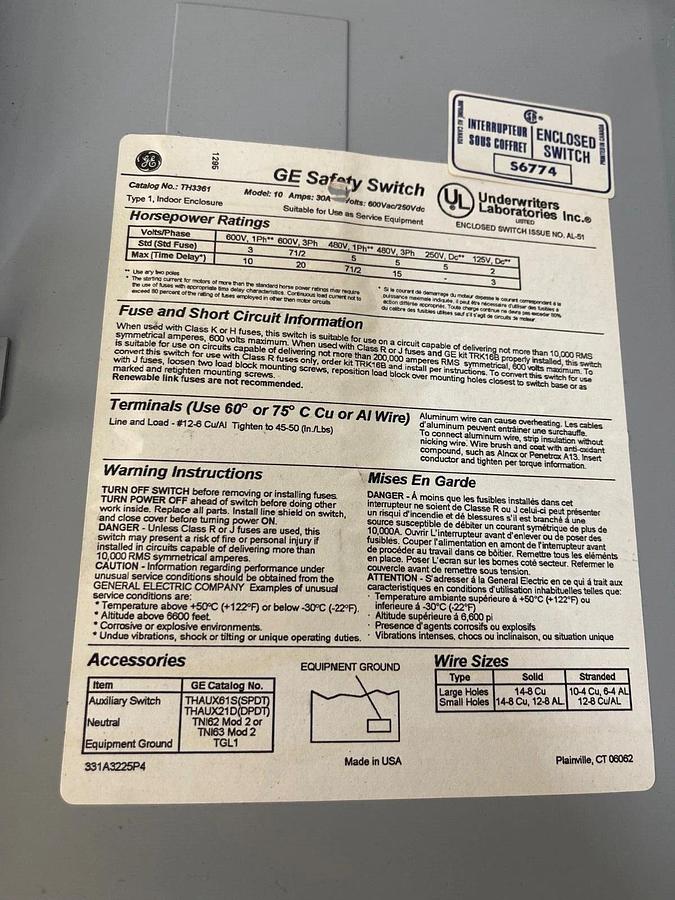 Used Weizmann Type 12 + 13 Enclosure w/ GE Heavy Duty Safety Switch