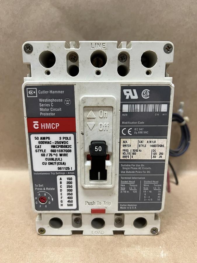 Used Cutler-Hammer/Westinghouse HMCP050K2C 50A, 3 Pole, Ser C Motor Circuit Protector