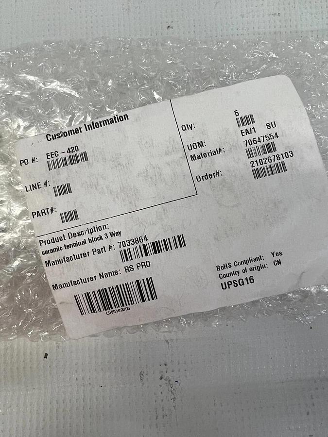 Used RS Pro 7033864 Terminal Block Pluggable 3 position 6AWG Ceramic White Lot of 5