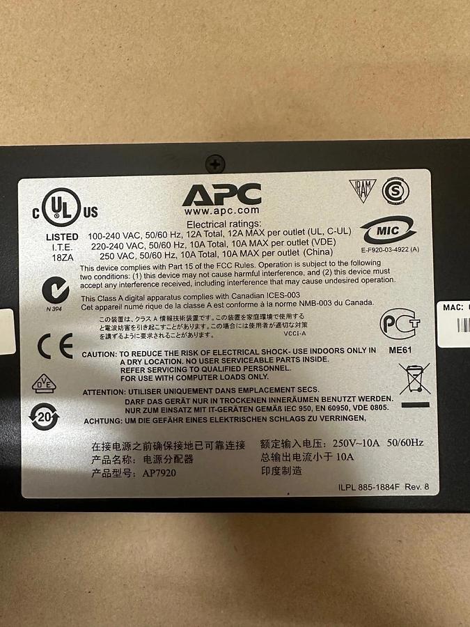 Used APC AP7920 Rack PDU, Switched