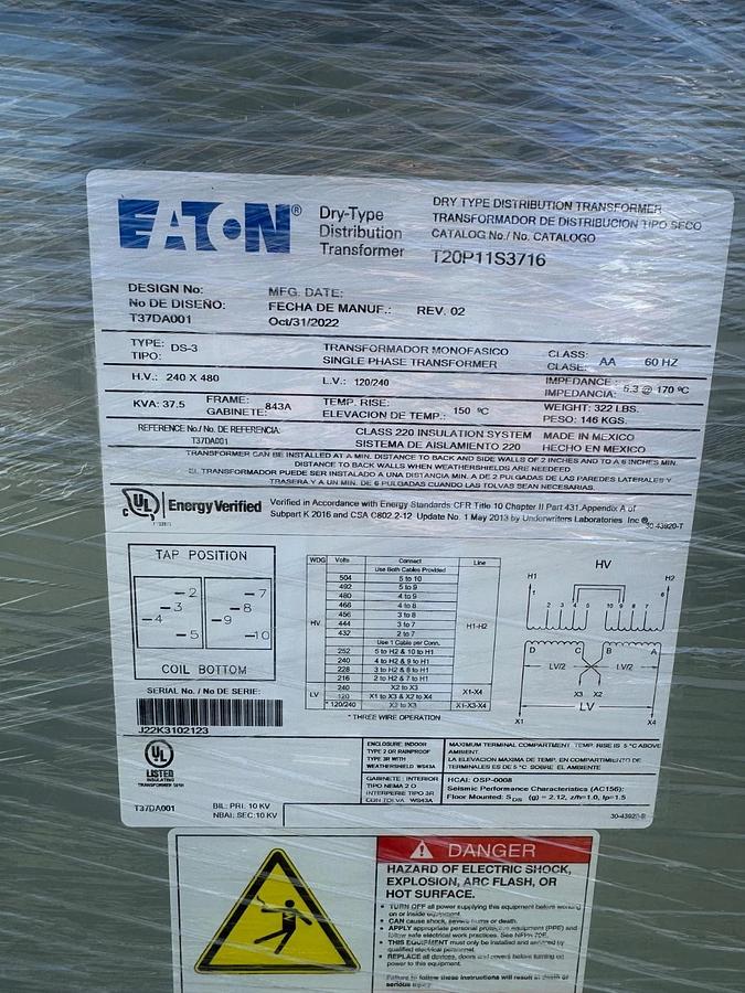 Used Eaton T20P11S3716 General Purpose Ventilated Transformer 37.5kVA, T37DA001, 1 Ph