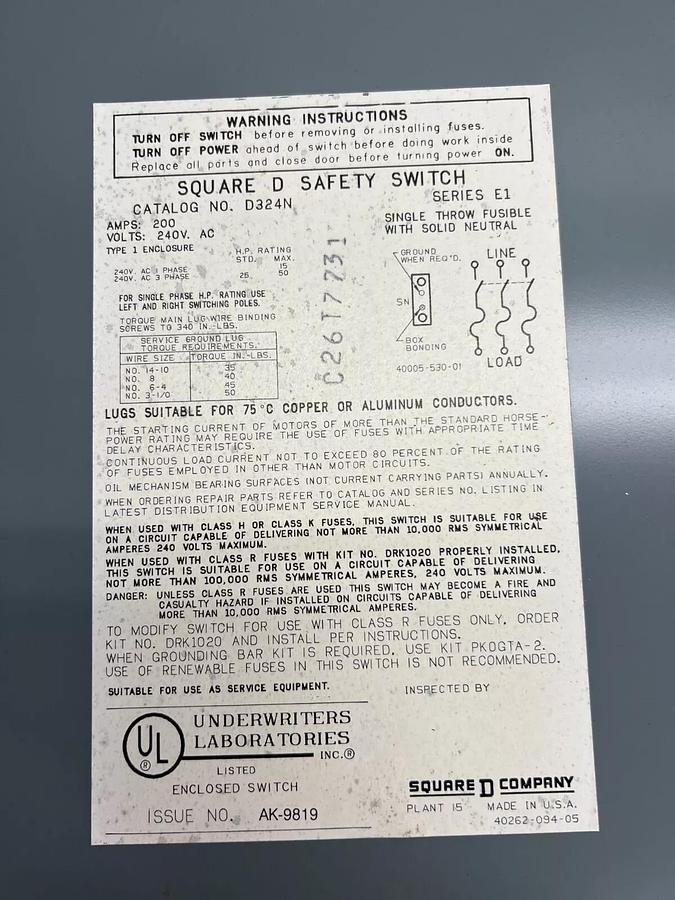 Used Square D D324N 200Amp Safety Switch