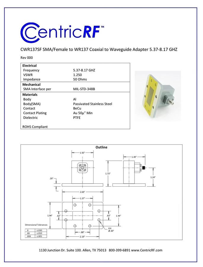 Centric RF CWR137SF SMA/Female to WR137 Coaxial to Waveguide Adapter