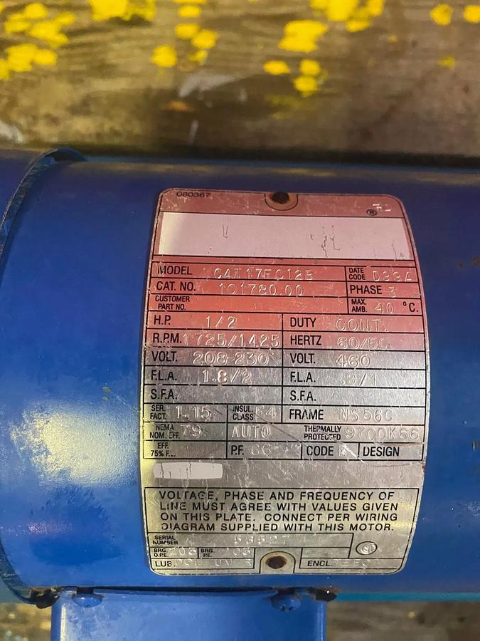 Used Centrifugal Motor Pump w/ Marathon 0.5HP, 1725 RPM, 3 Phase AC Motor