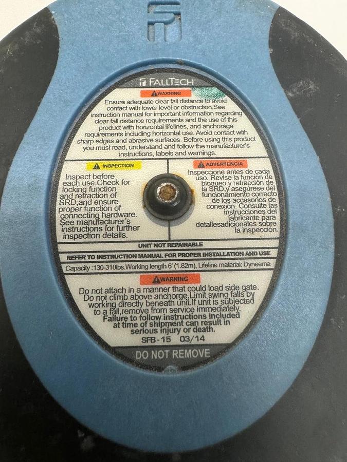 Used FallTech Duratech SFB-15 Retracting Life-Line, (130-310 lbs capacity), 6’ line